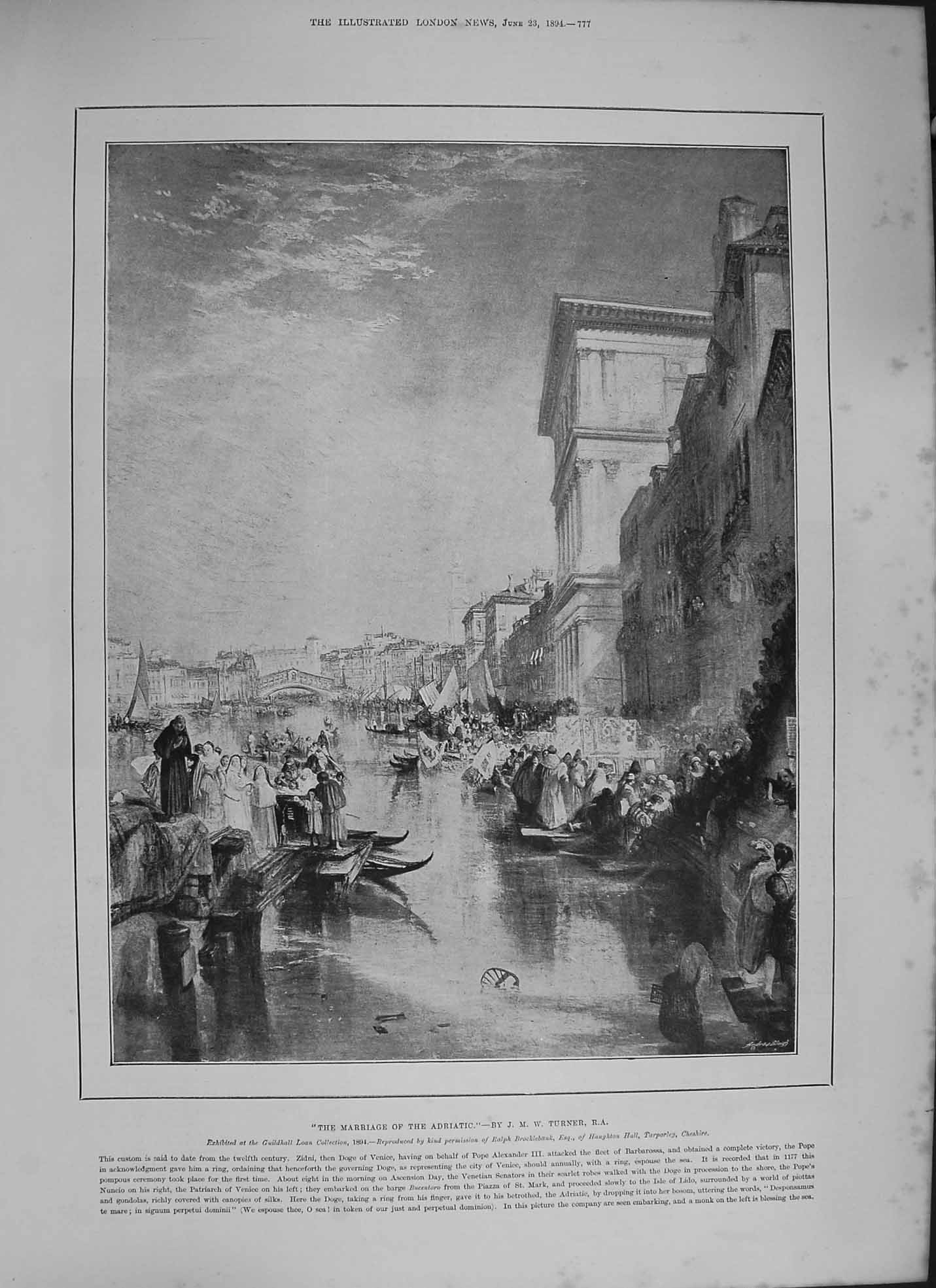 Original Old Antique Print 1894 Marriage Adriatic Venice Canal Boats Gondolas