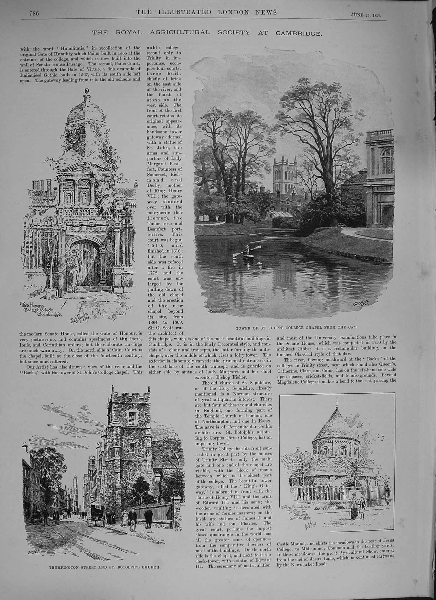 Original Old Antique Print 1894 John'S College Church Cambridge ThorShow 19th