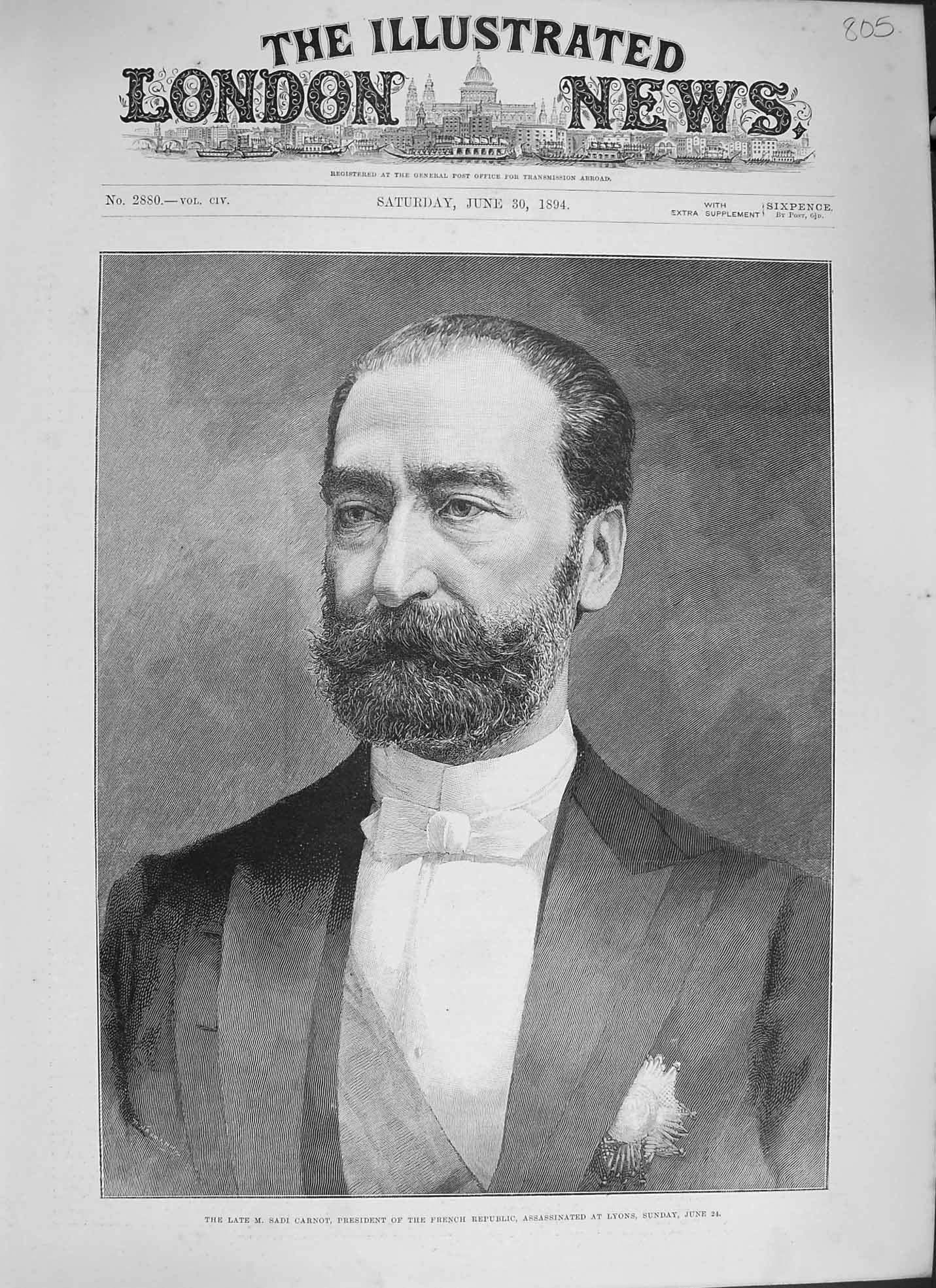 Original Old Antique Print 1894 Portrait Sadi Carnot President French Republic