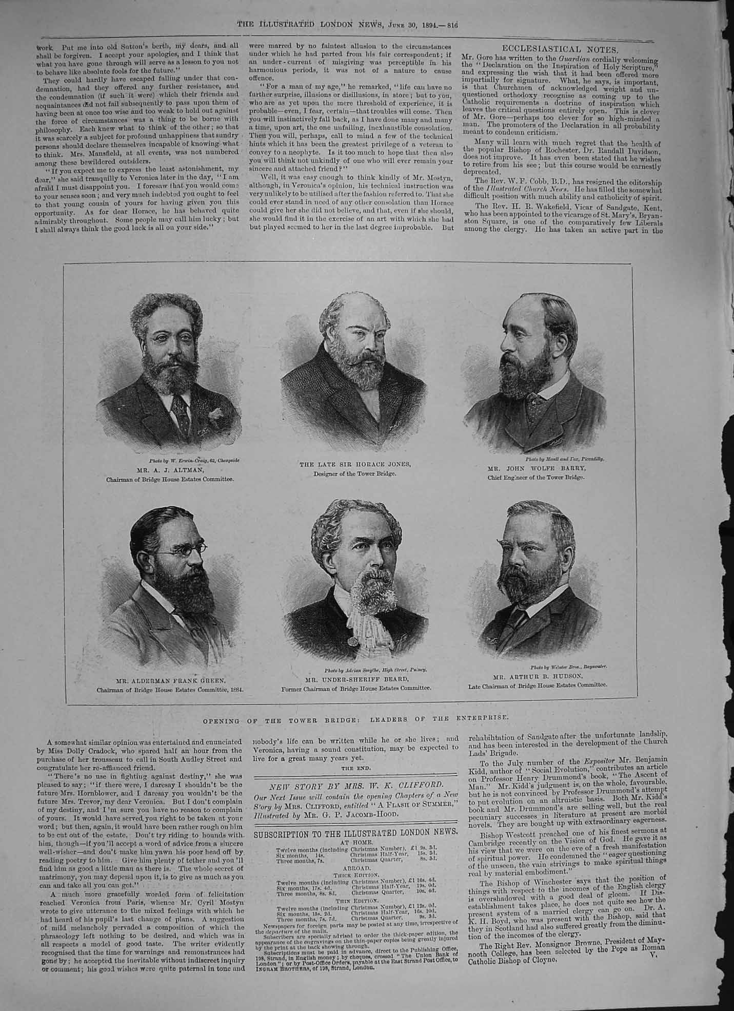Old Antique Print 1894 Altman Jones Green Beard Hudson Barry Tower Bridge 19th