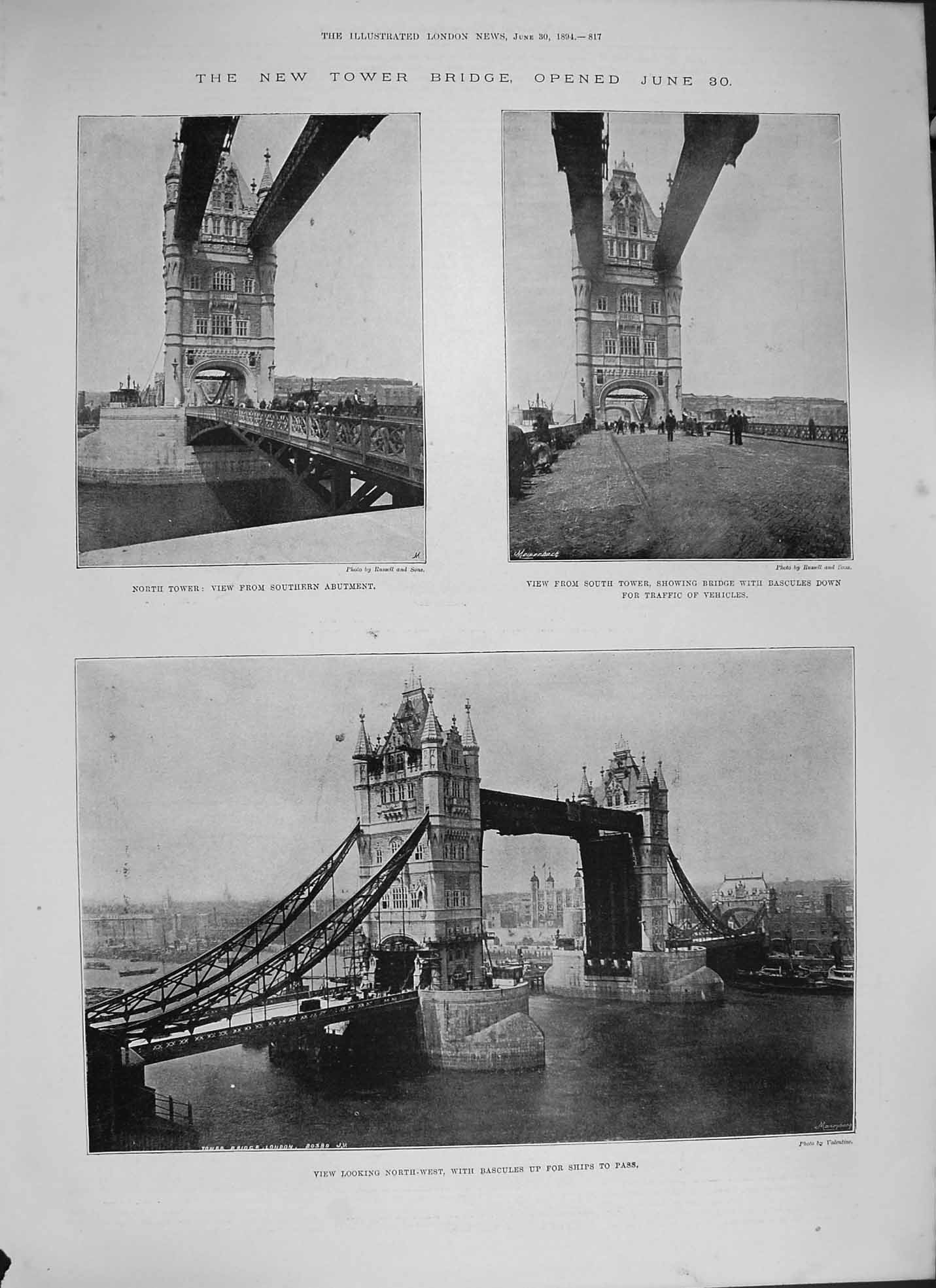 Original Old Antique Print 1894 Tower Bridge London Bascules River Thames 19th