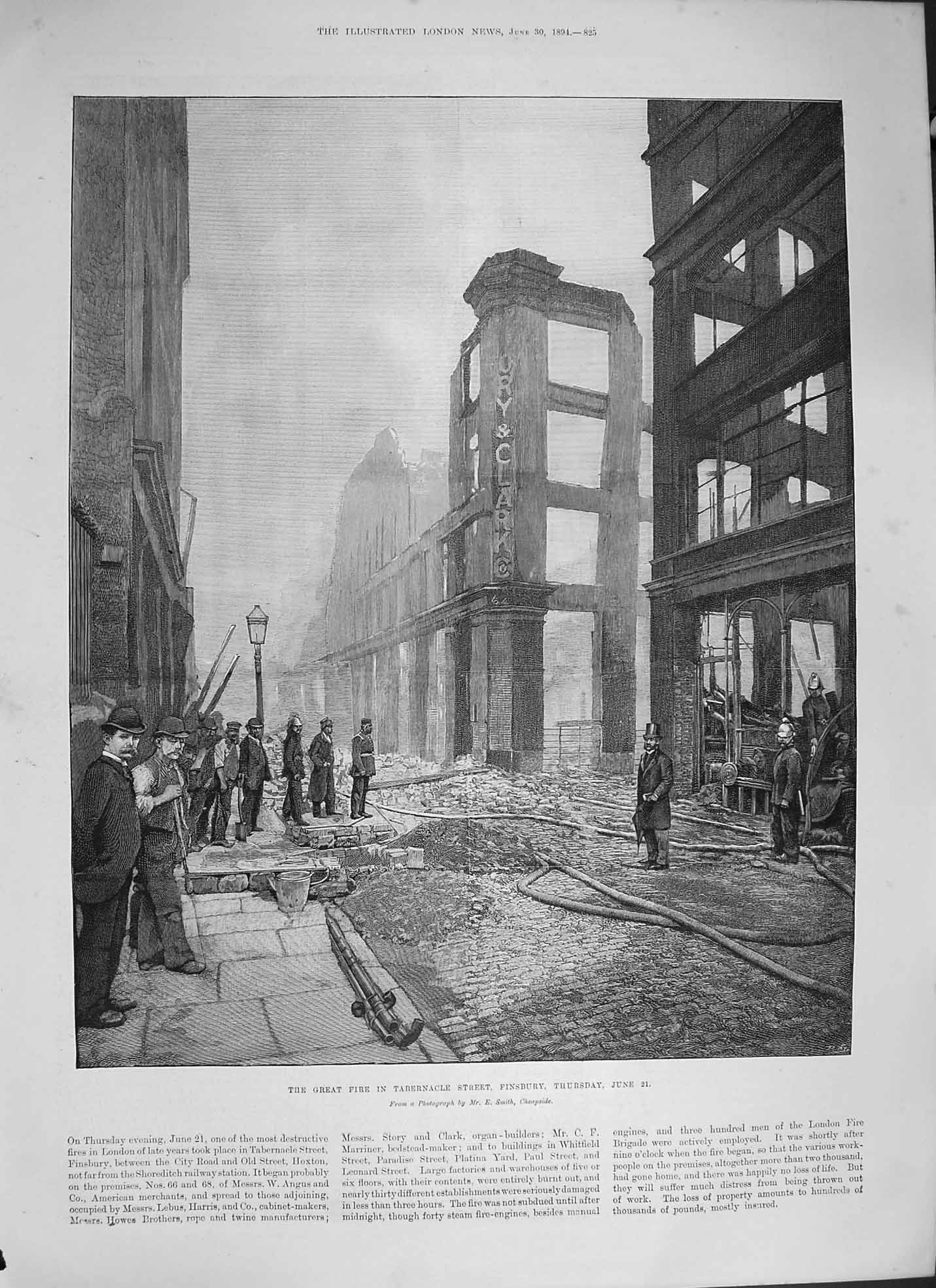 Original Old Antique Print 1894 Fire Tabernacle Street Finsbury London 19th