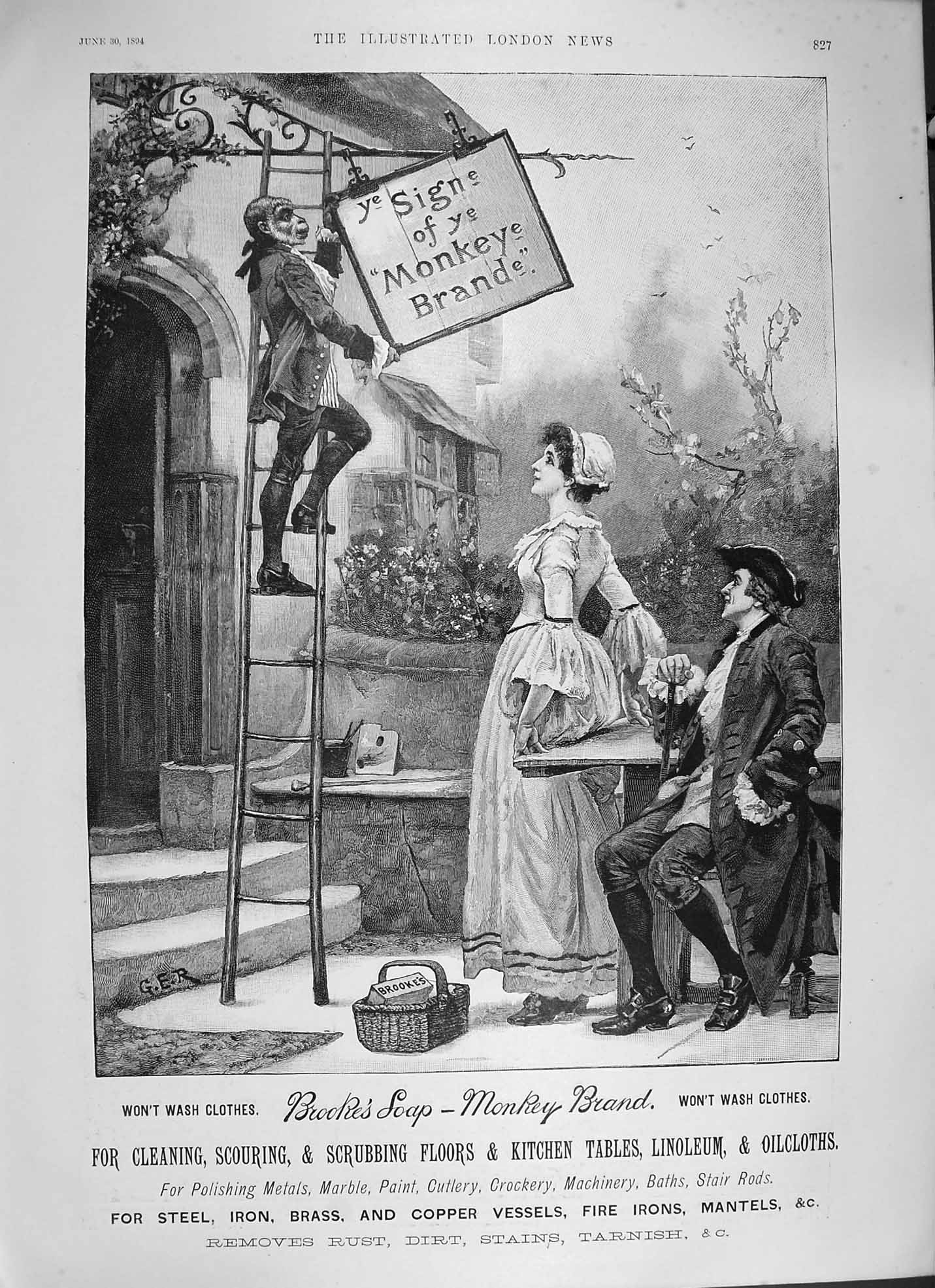 Original Old Antique Print 1894 Advertisement Brookes Monkey Brand Soap Sign