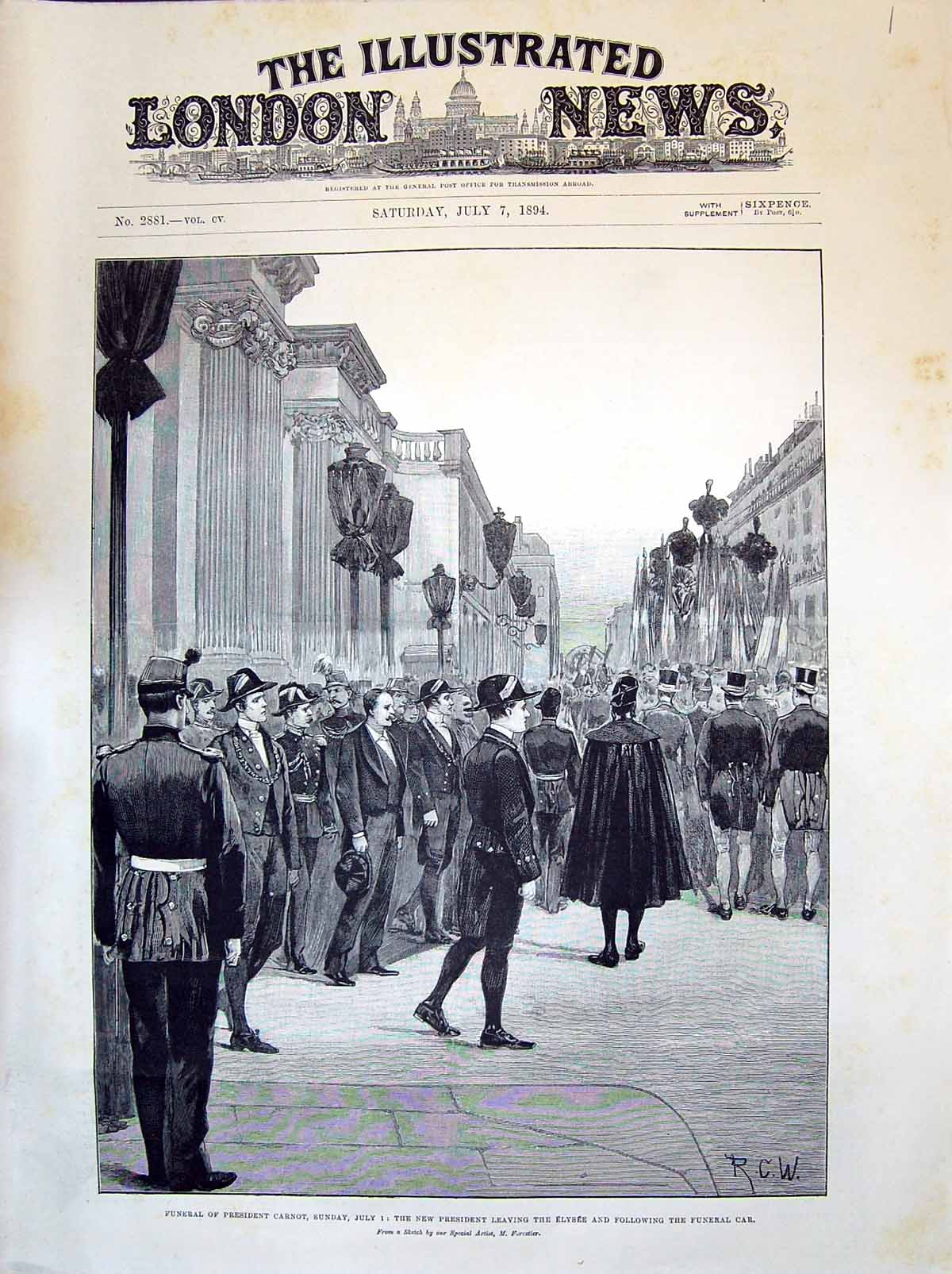 Antique Old Print 1894 Funeral President Carnot Procession Elysee France Car