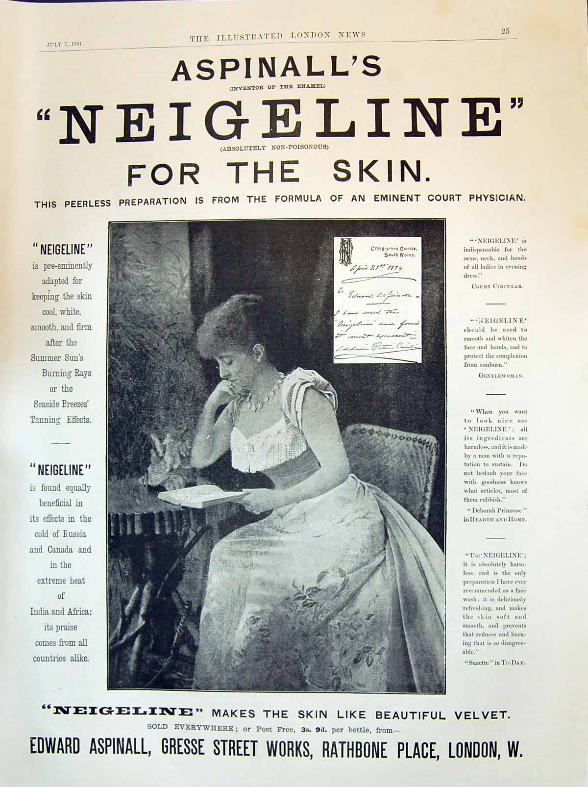 Old Print 1894 Edward Aspinall Neigeline Skin Cream Gresse Works Rathbone 19th