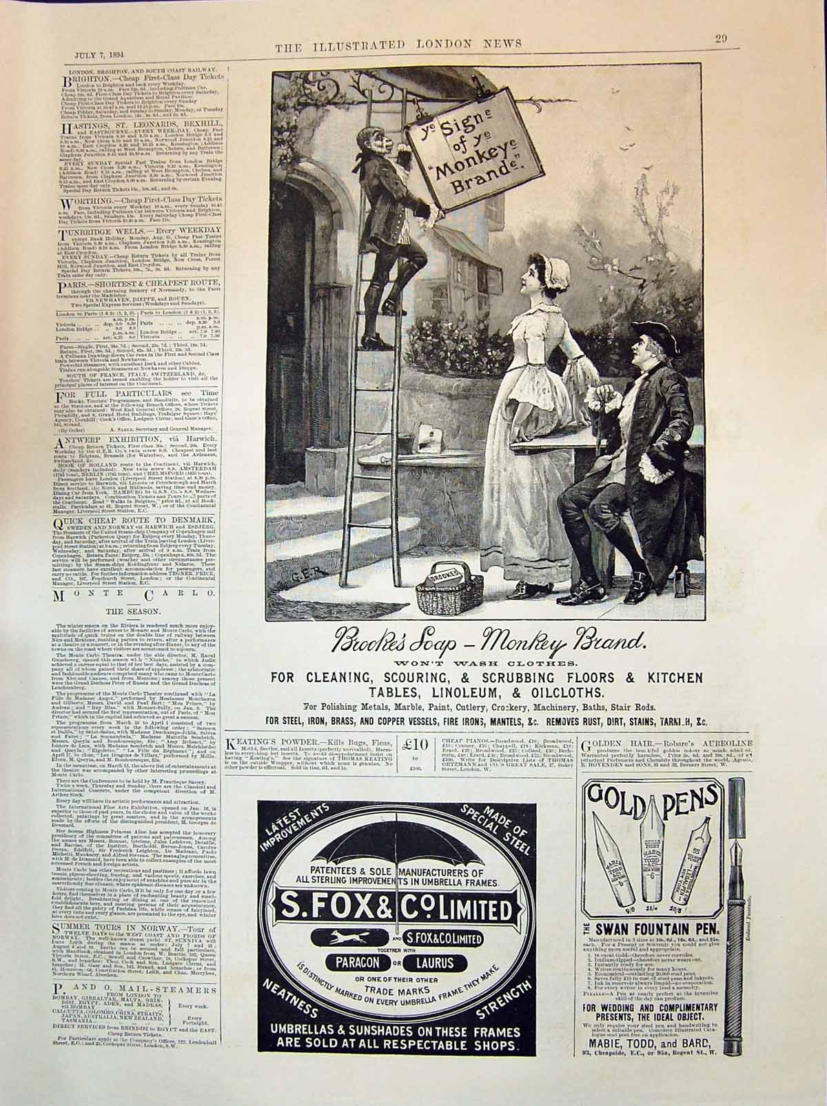 Antique Old Print 1894 Brooke'S Monkey Brand Soap Fox Umbrellas GSwan Pens 19th