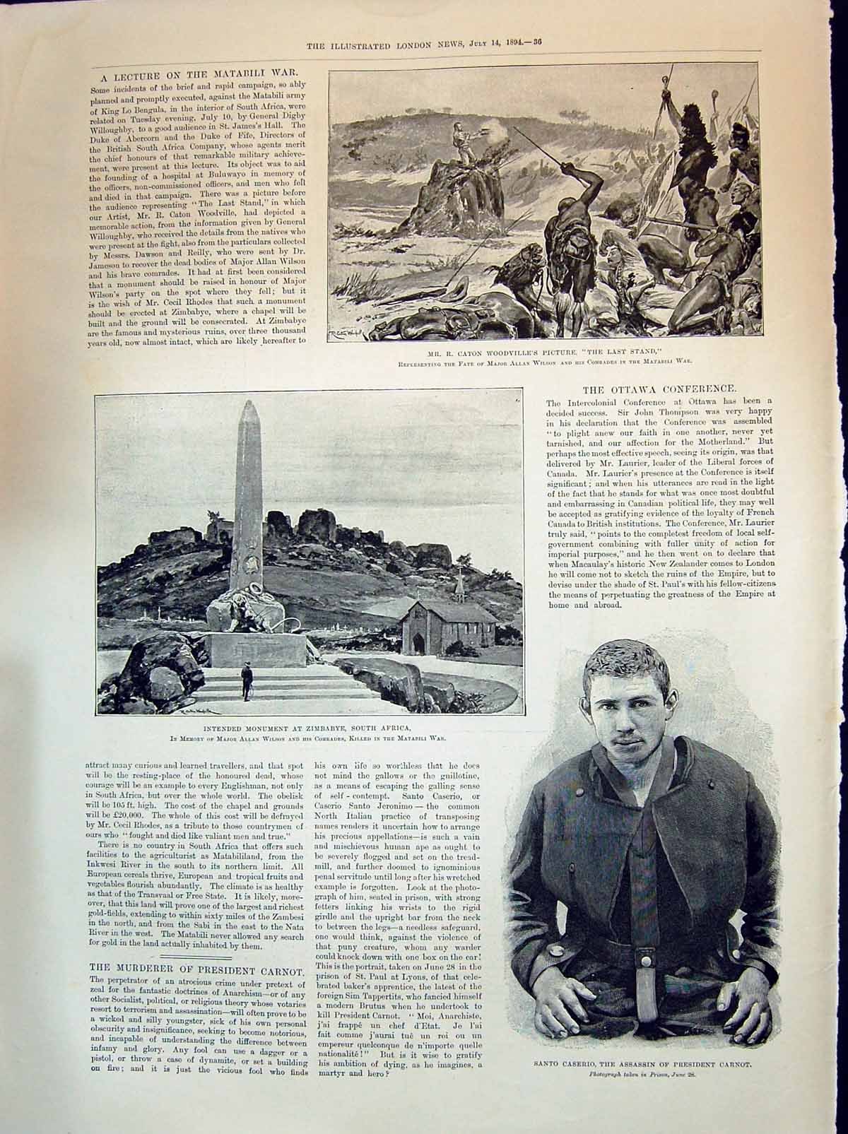 Old 1894 Wilson Monument Zimbabye Santo Caserio Carnot Matabili War A Victorian