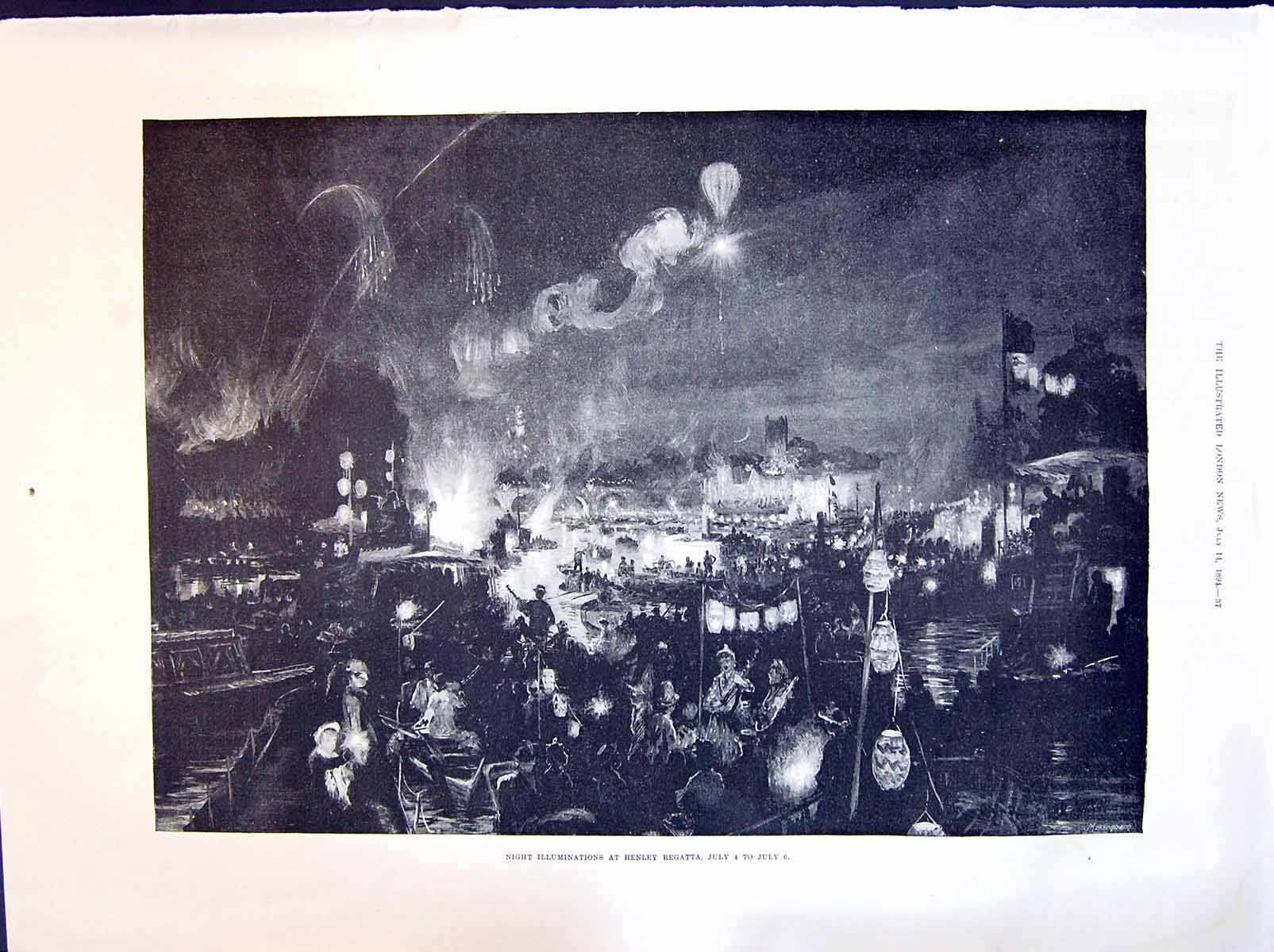 Old 1894 Night Illuminations Henley Regatta Yachts Speech Day Harrow Victorian