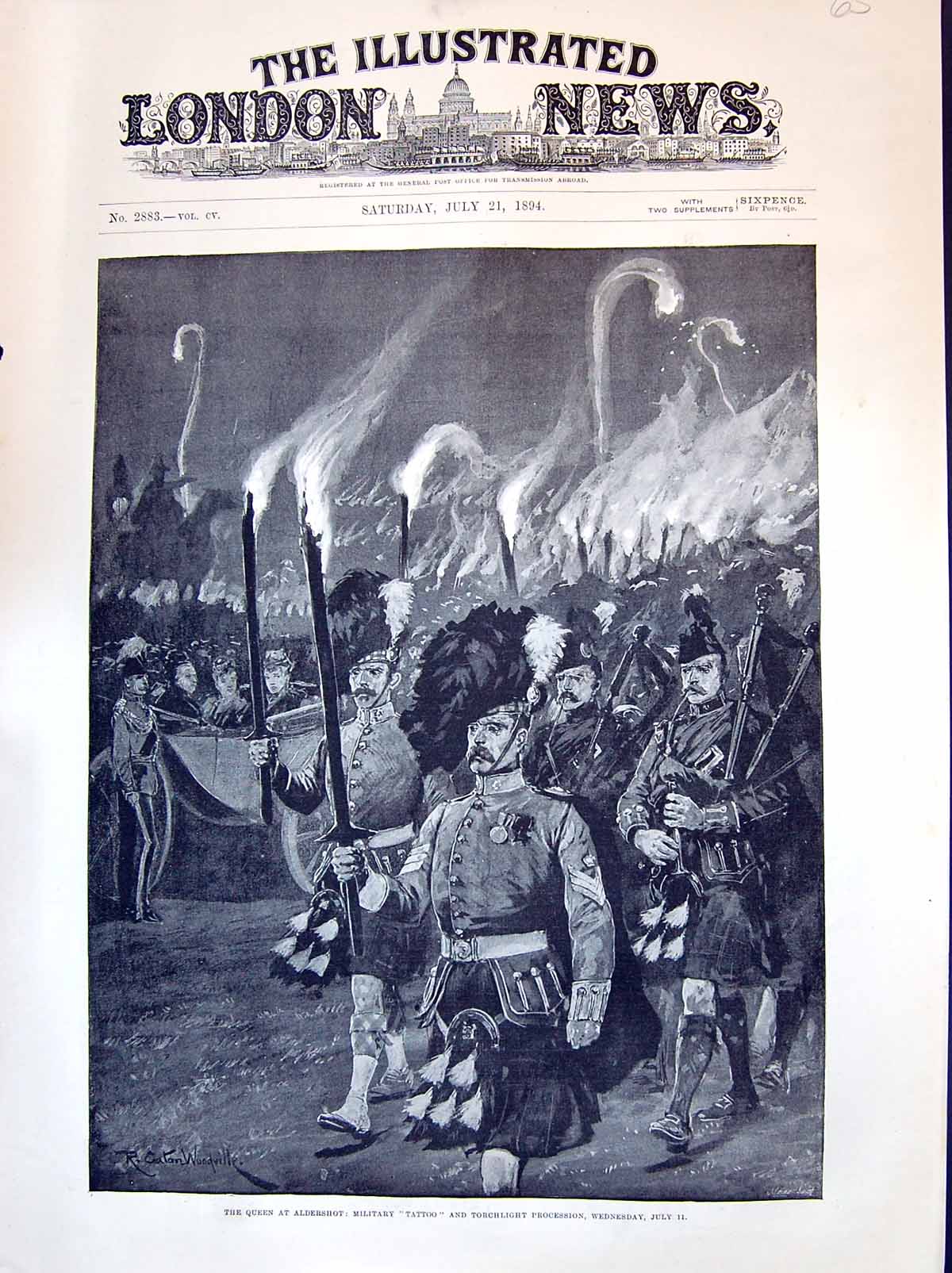 Old Print 1894 Queen Aldershot Military Tattoo Torchlight Procession Sie 19th