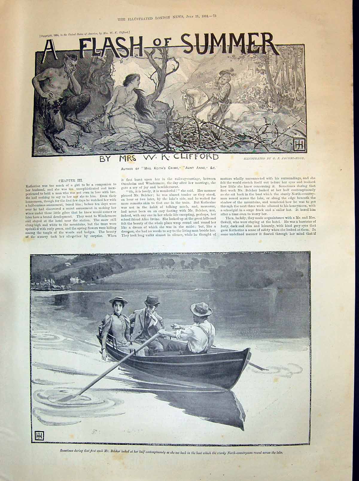 Old Antique Print 1894 Romance River Boat Belcher Lake Scene Flash Summer 19th