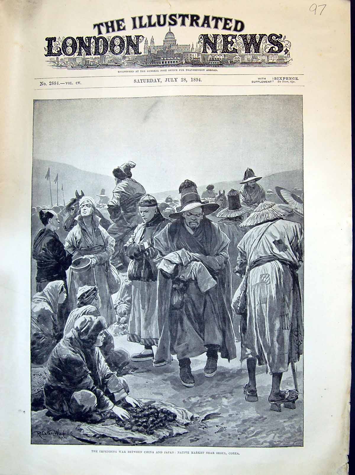 Old Antique Print 1894 War China Japan Native Market Scene Seoul Corea Wo 19th
