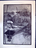 Old 1894 Quiet Backwater Scene Lady Reading Book River Boat Theatre A 19th