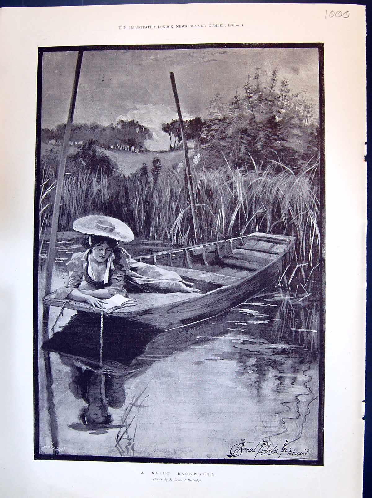 Old 1894 Quiet Backwater Scene Lady Reading Book River Boat Theatre A 19th