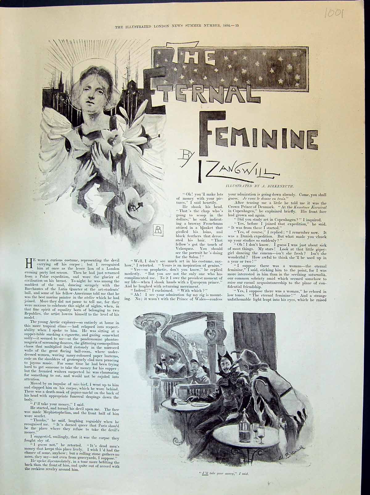 Old 1894 Story Illustration Eternal Feminine Jester Lady Flowers Ship 19th