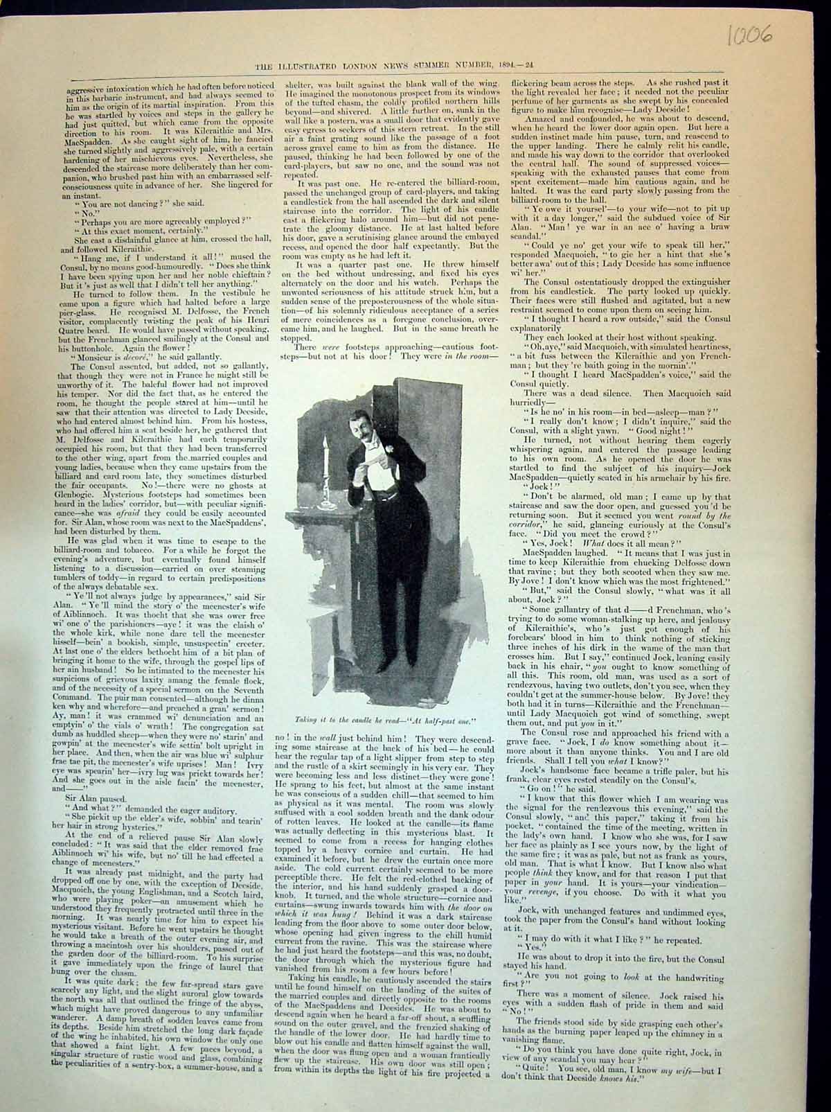 Original Old Antique Print 1894 Man Reading Note Candle-Light Scottish Kilt