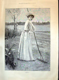 Original Old Antique Print 1894 Beautiful Woman Haymaking Agriculture Scene