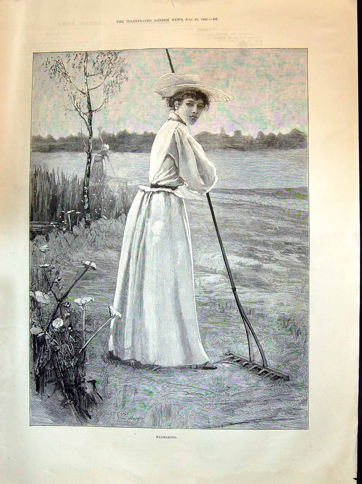Original Old Antique Print 1894 Beautiful Woman Haymaking Agriculture Scene