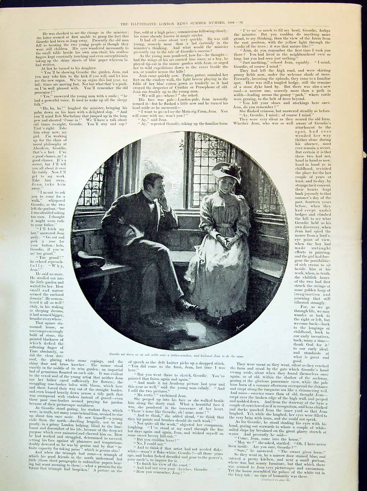 Antique Print 1894 Lady Man Romance House Window Geordie Jean Honeysuckle 19th