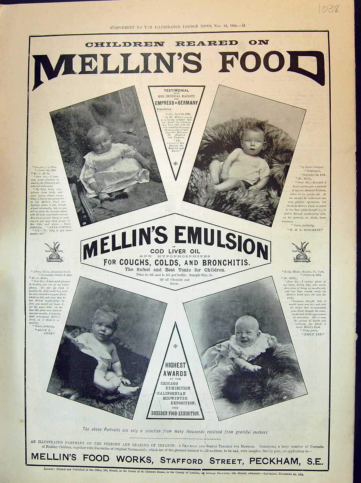 Antique Print 1894 Children Mellin'S Food Emulsion Works Stafford Peckham 19th