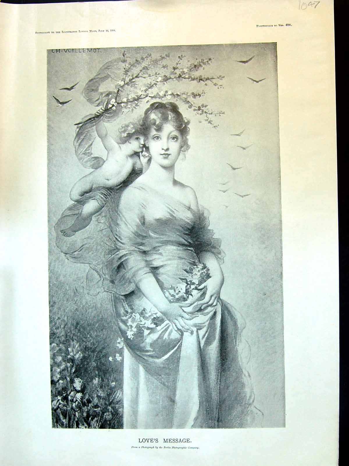 Antique Old Print 1894 Beautiful Woman Love'S Message Cherub Flowers Birds