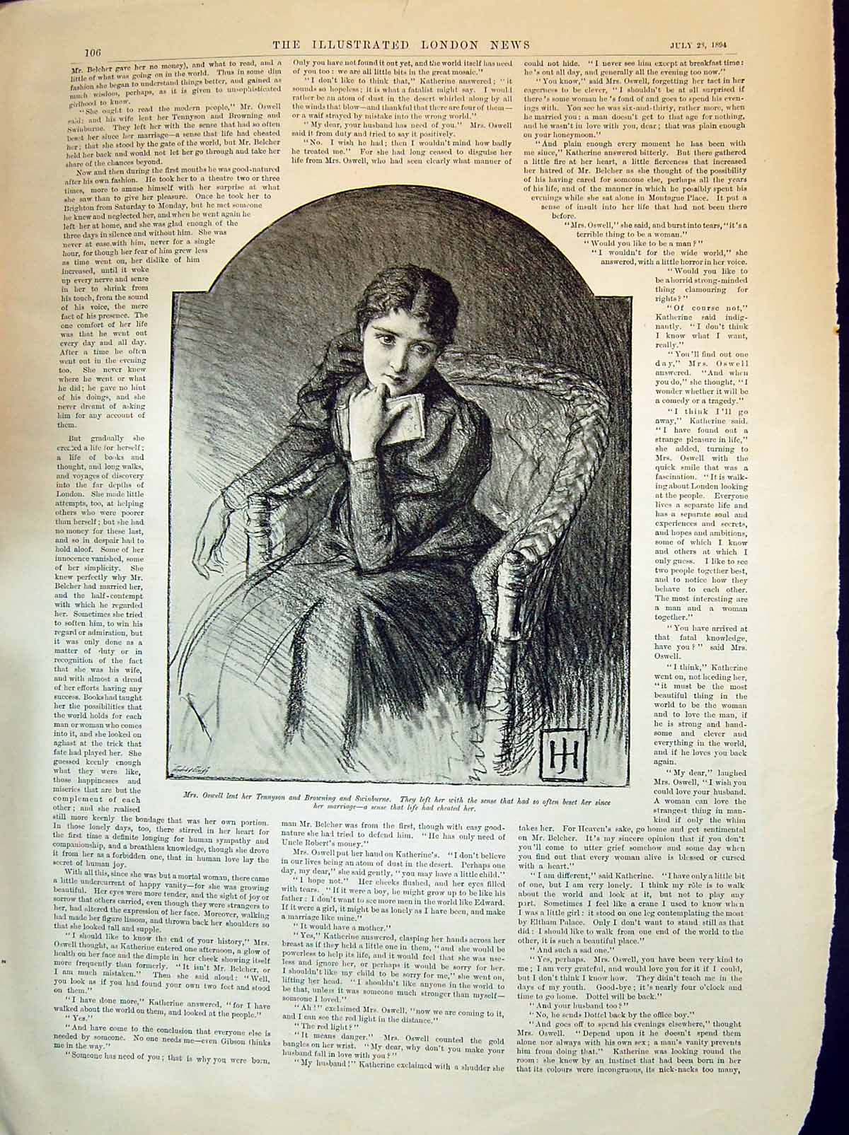 Original Old Antique Print 1894 Beautiful Woman Mrs Oswell Reading Book 19th