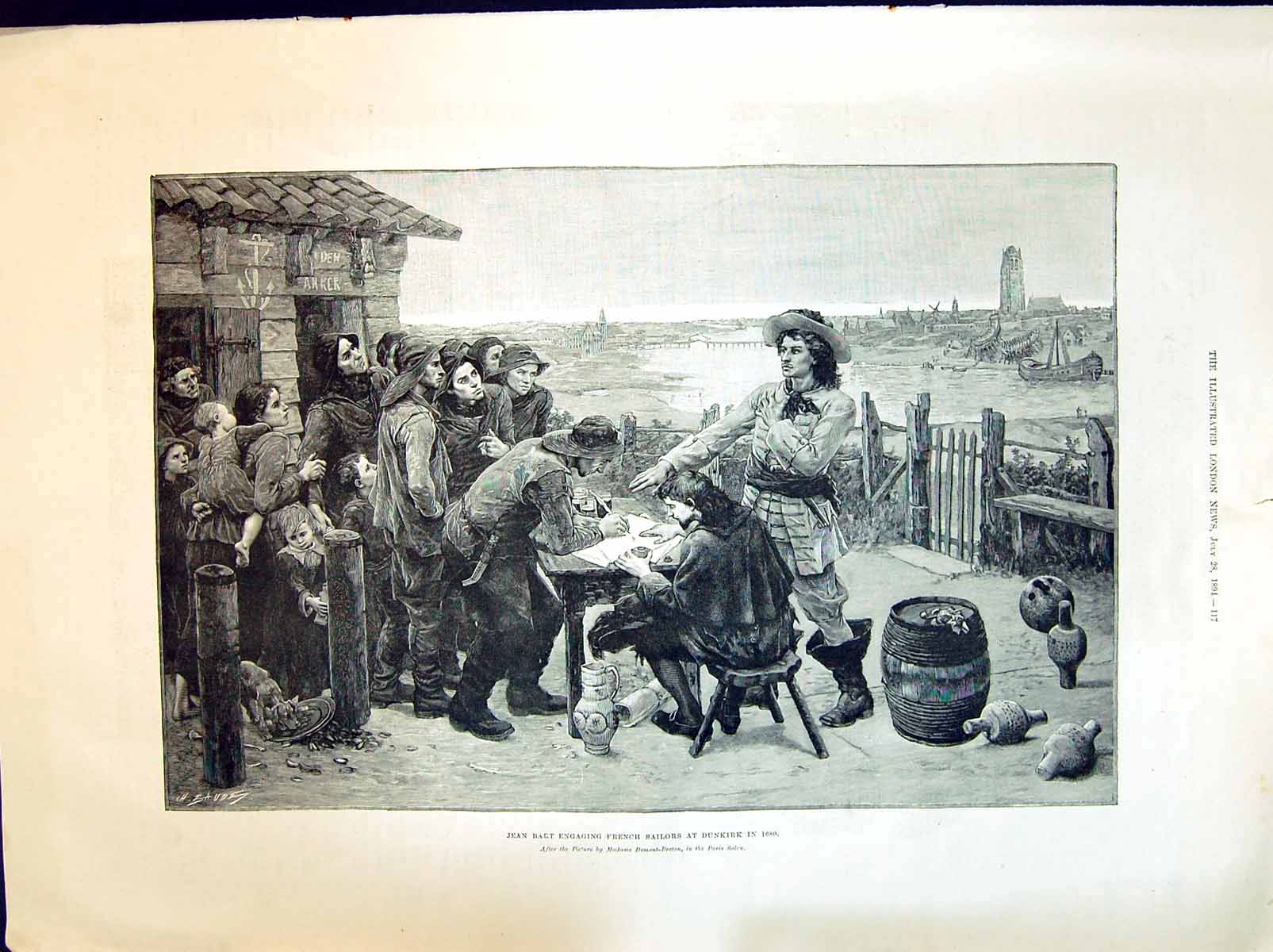 Original Old Antique Print 1894 Jean Bart Engaging French Sailors Victorian