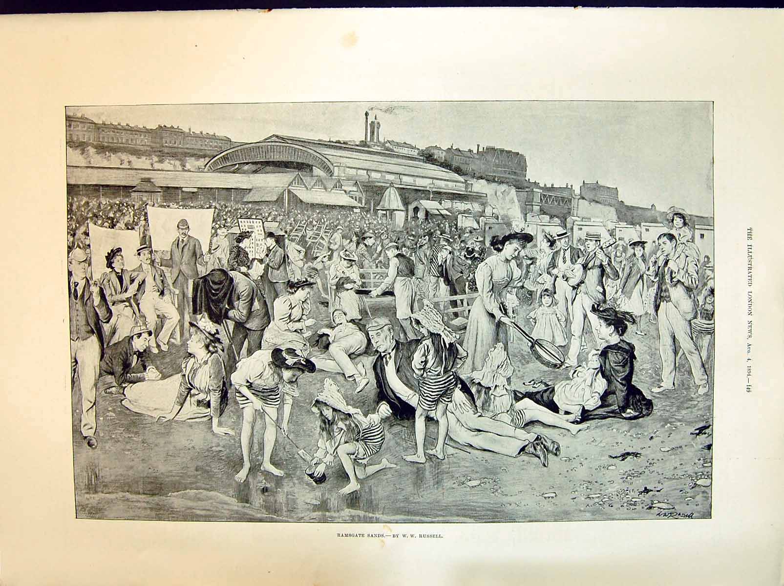 Antique Old Print 1894 Scene Ramsgate Sands Beach Seaside Families Children