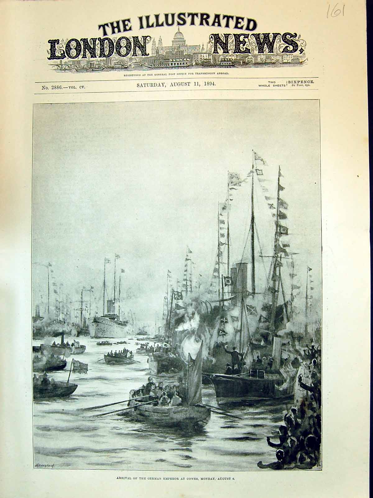 Original Old Antique Print 1894 Scene Arrival German Emperor Cowes Boats Ships