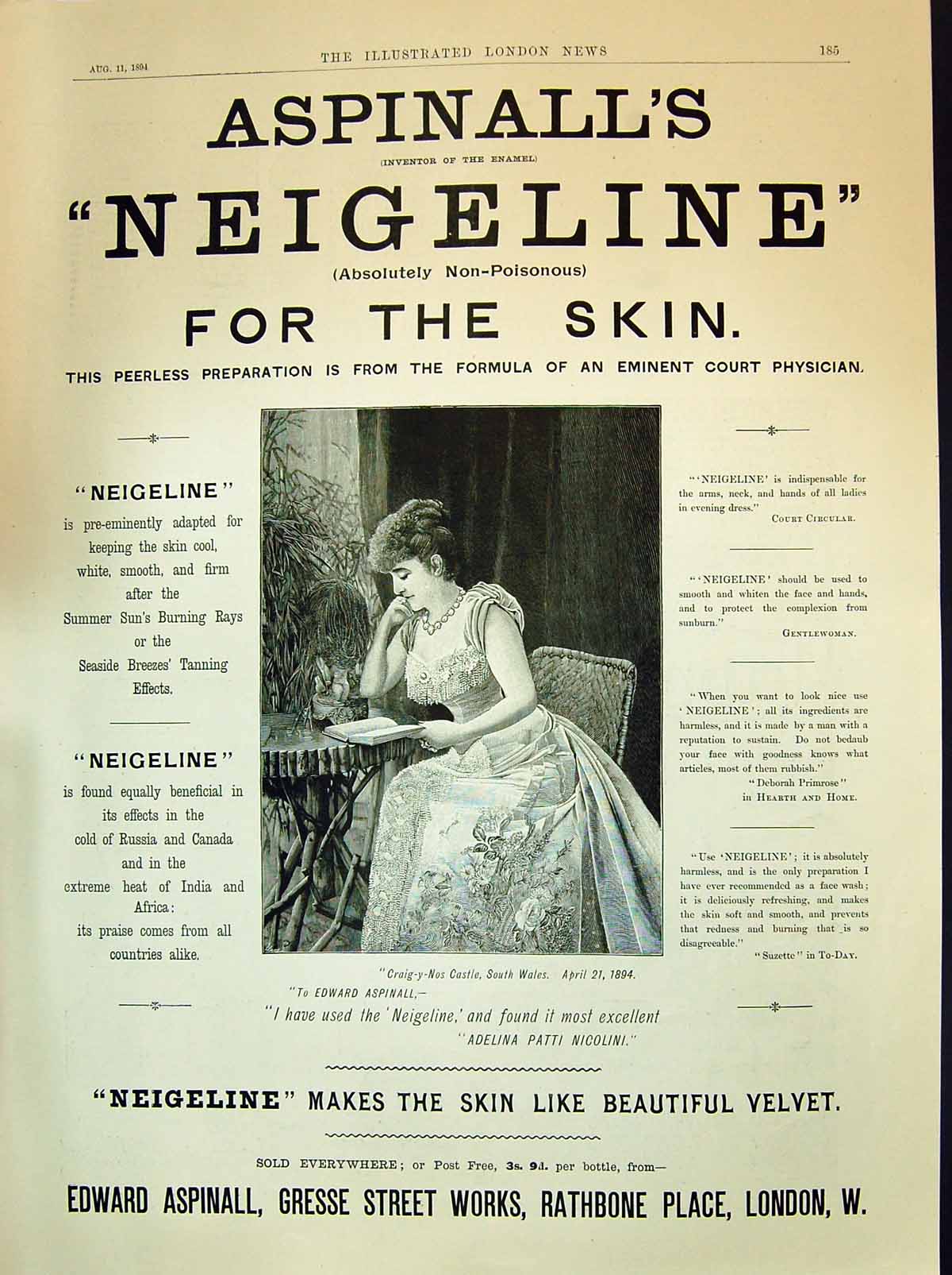 Antique Old Print 1894 Edward Aspinall'S Neigeline Skin Cream Rathbone London