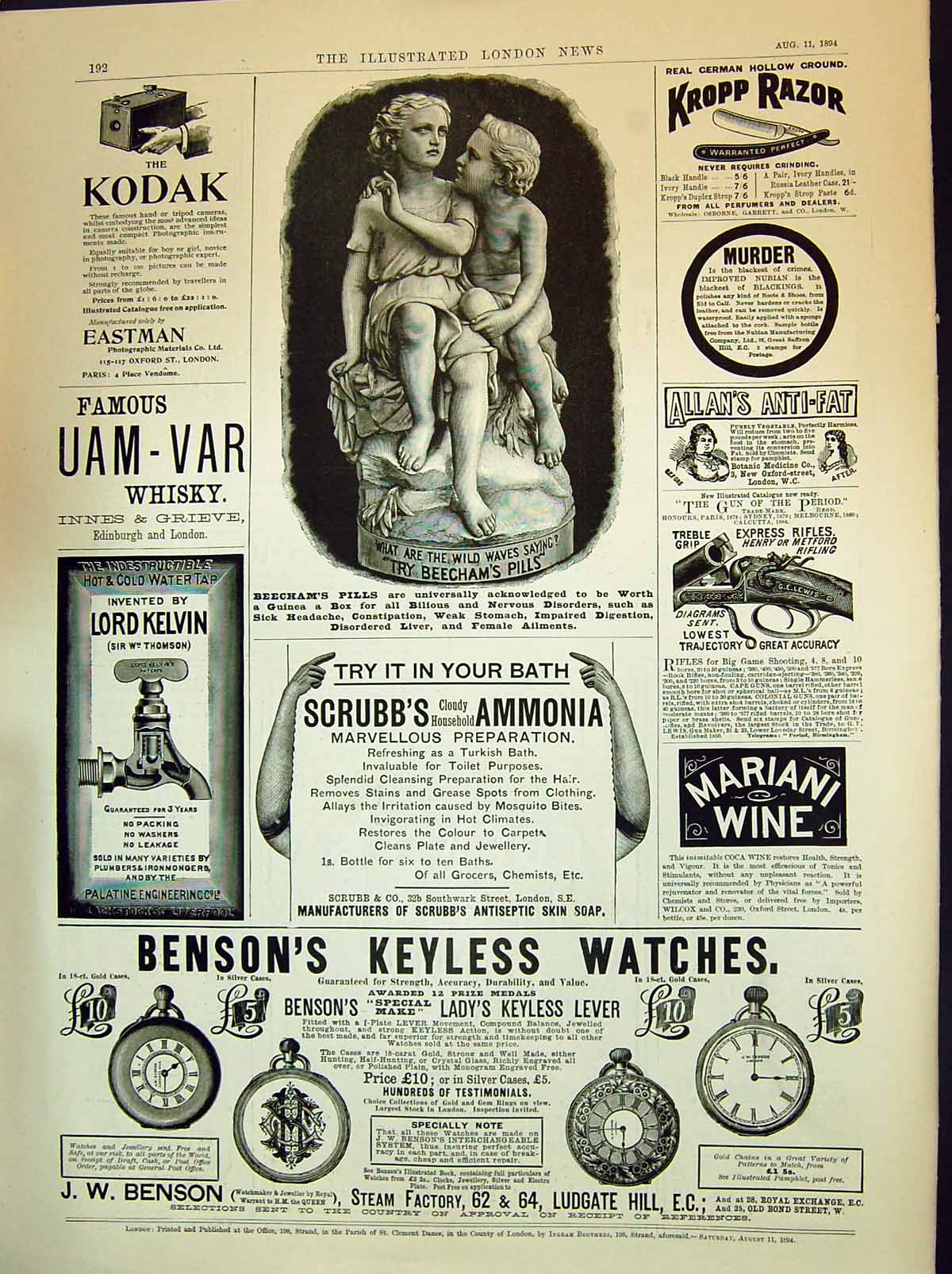 Old 1894 Beechams Pills Uam-Var Whisky Kelvin Water Tap Bensons Watch Victorian