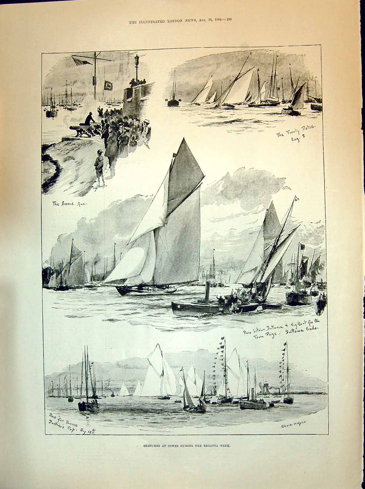 Old 1894 Coews Regatta Yachts Sailing Sport Mrs Henniker Lieutenant I Victorian