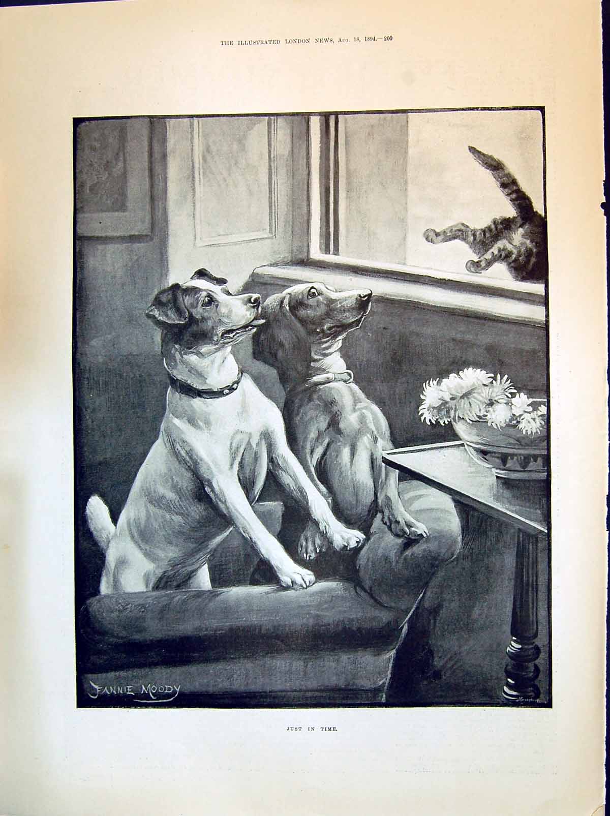 Old 1894 Dogs Cat Window Just Time Fanny Moody Statue Thomas Sydenham Victorian