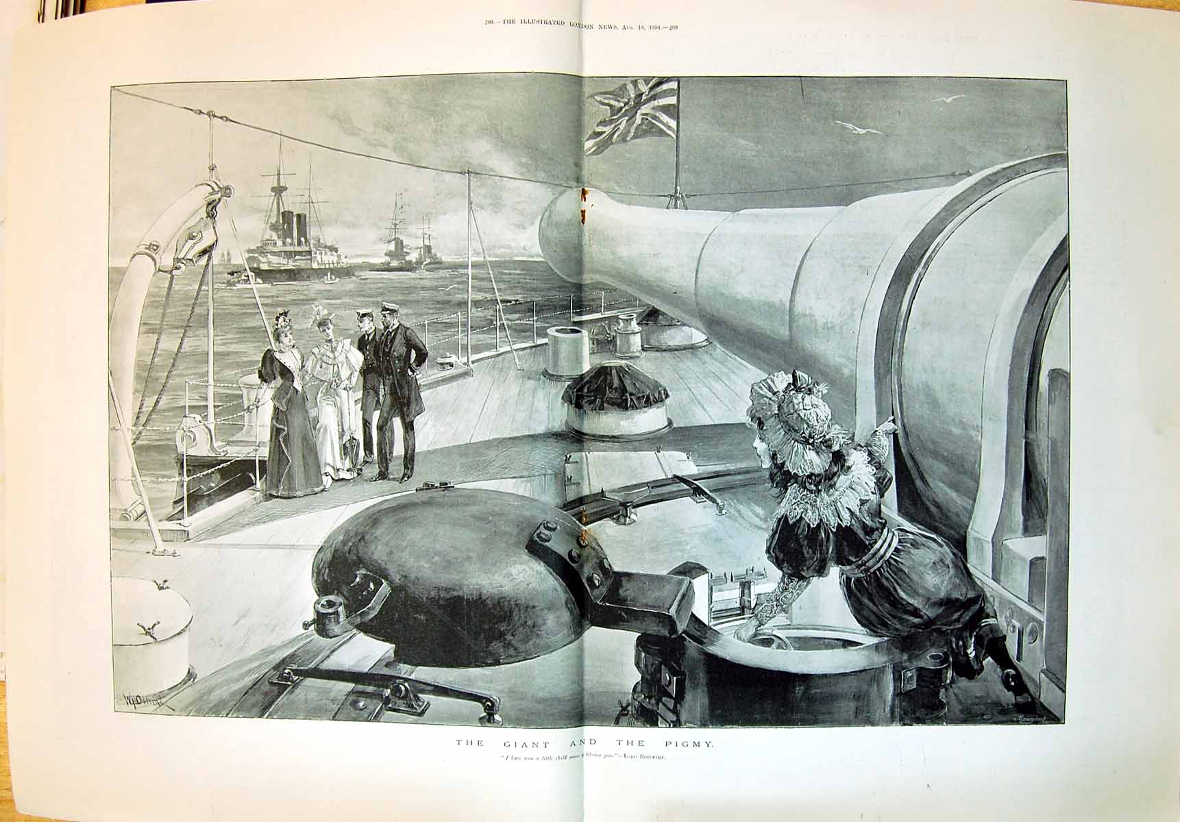Antique Old Print 1894 Giant Pigmy War Ship Navy Sailors Ladies British Flag