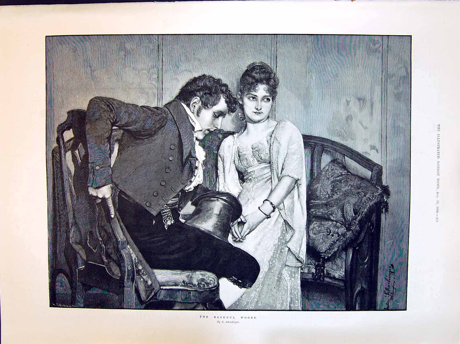 Old 1894 Bashful Wooer Lady Man Romance Schachinger Woman Dog Stick B Victorian