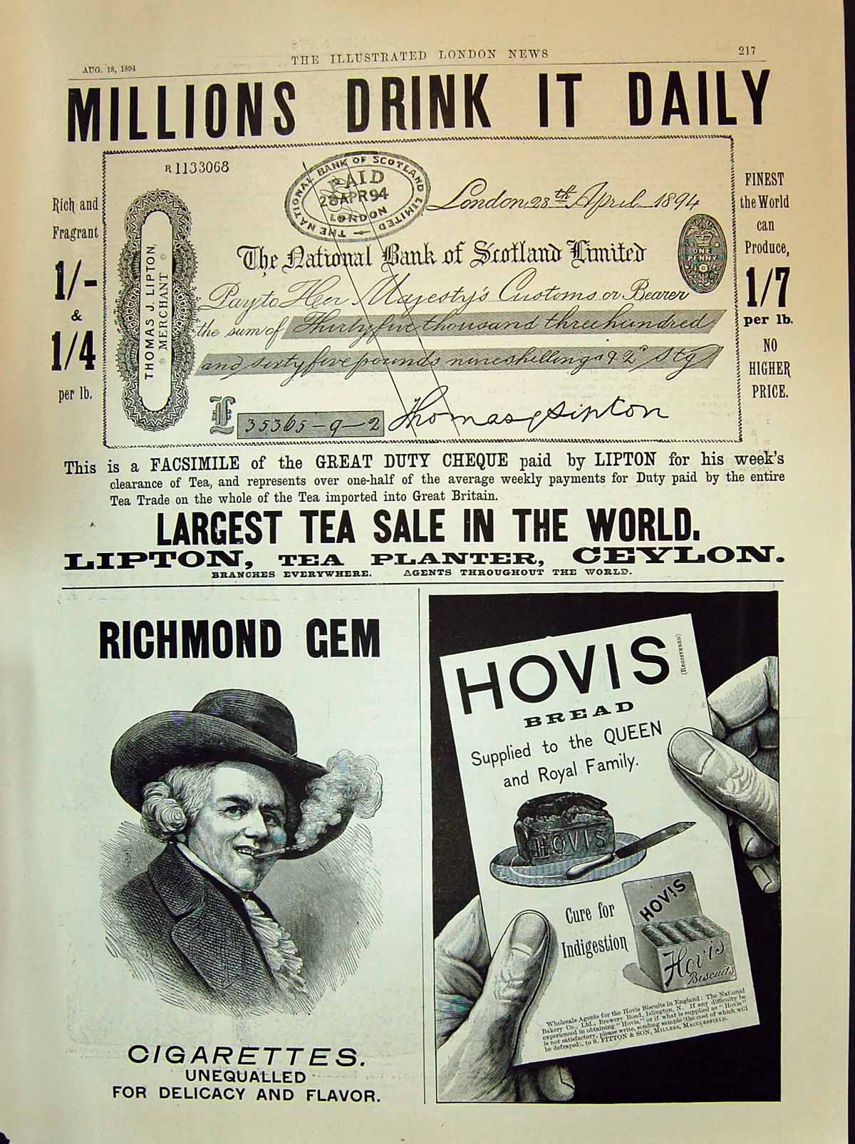 Old Print 1894 Lipton Tea Planter Ceylon Hovis Bread Richmond Cigarettes 19th
