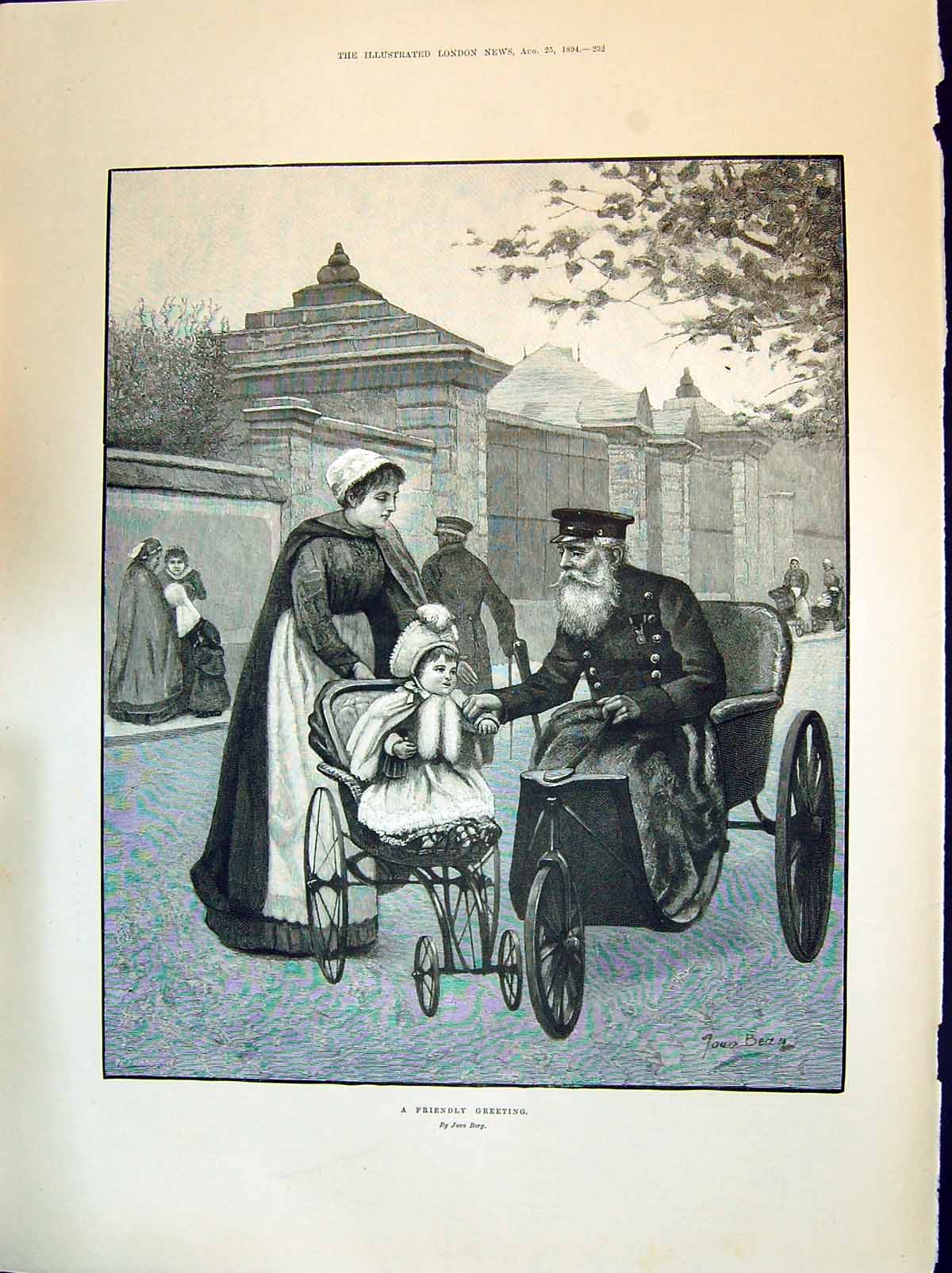 Antique Old Print 1894 Friendly Greeting Sier Little Girl Nurse Pram Papwort