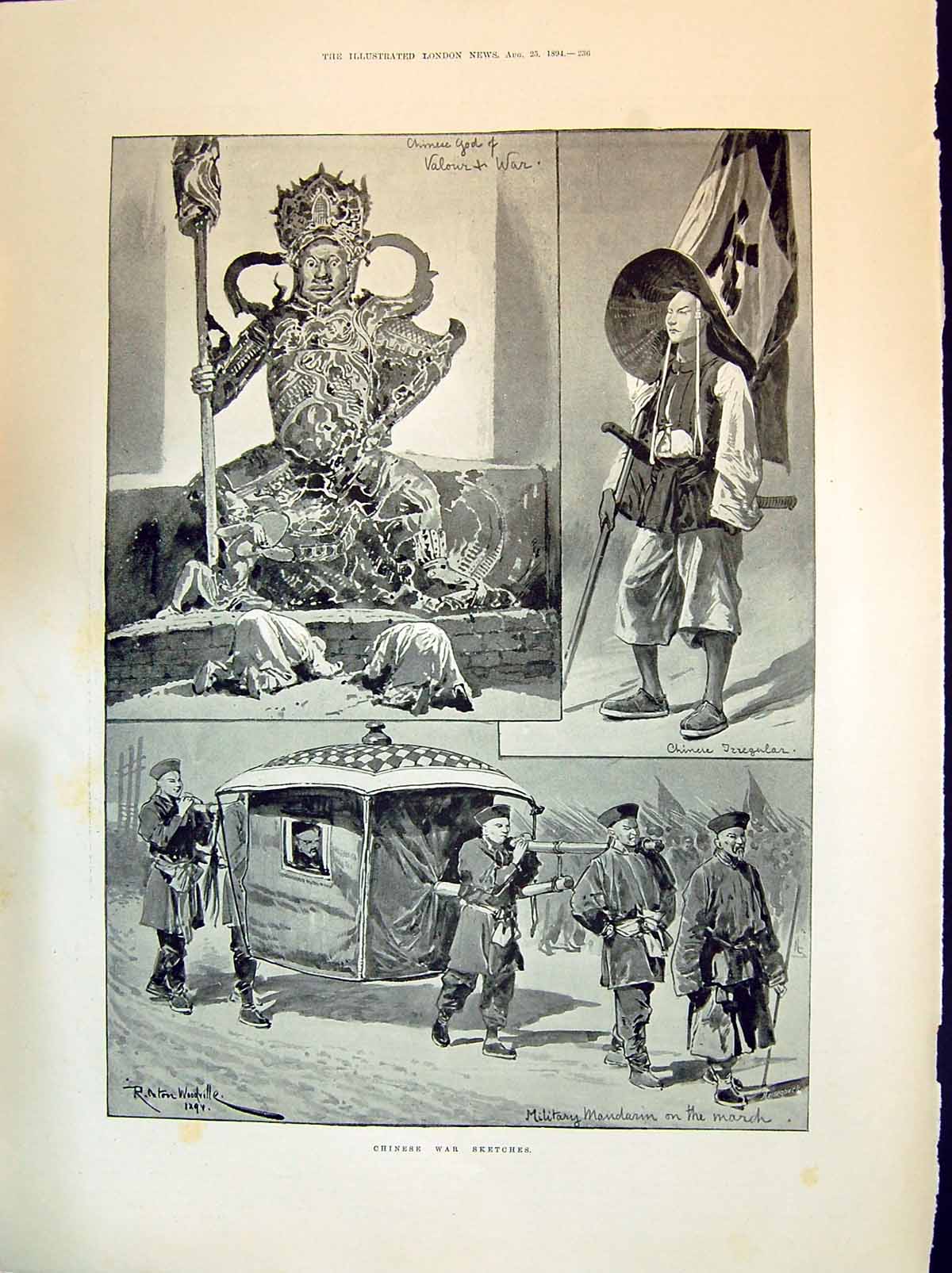 Old Print 1894 Chinese War Sketches Military Mandarin Transport Harvest Scene Ba