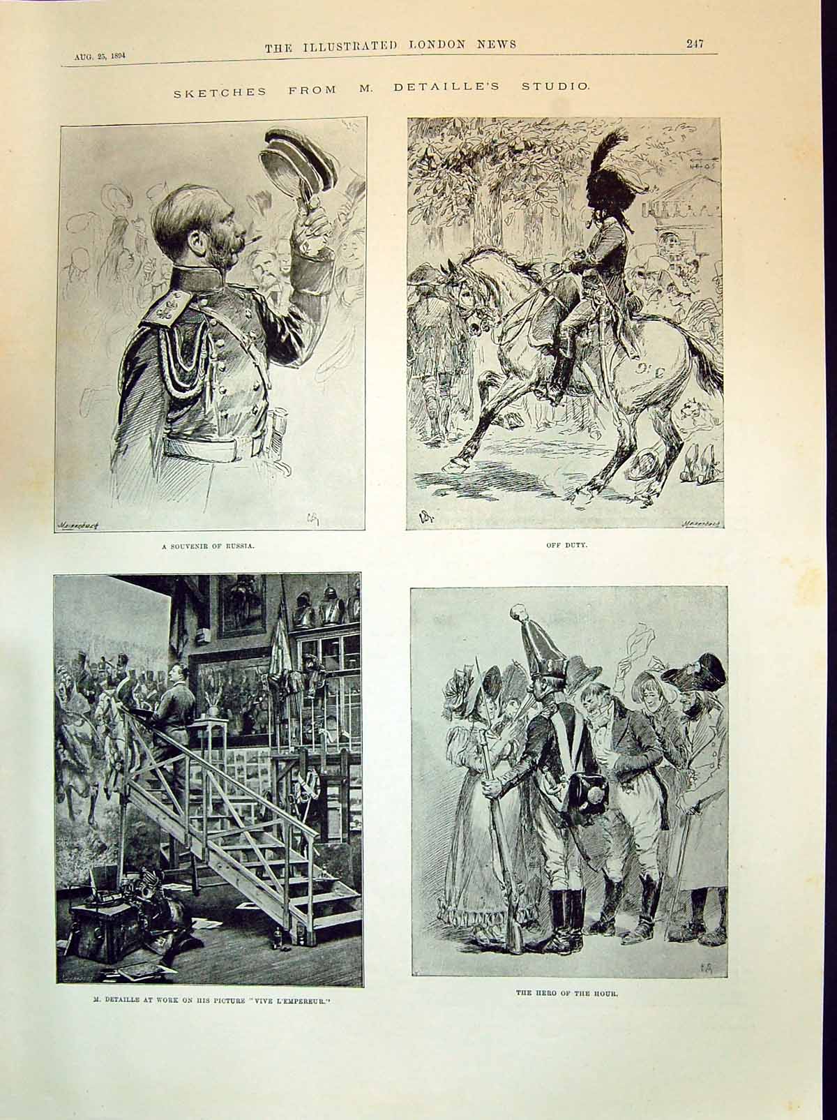 Antique Print 1894 Detaille Sketch Russian Ficer Vive L'Empereur Siers War 19th