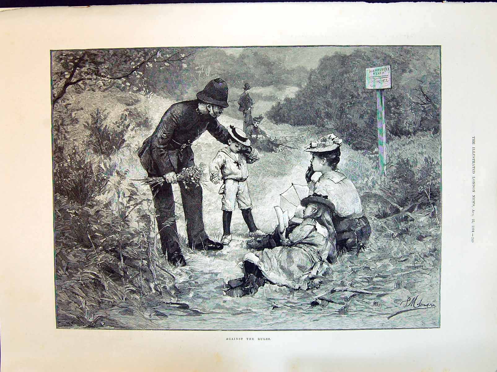 Old 1894 Against Rules Young Boy Flowers Policeman Hampstead Heath Ch Victorian