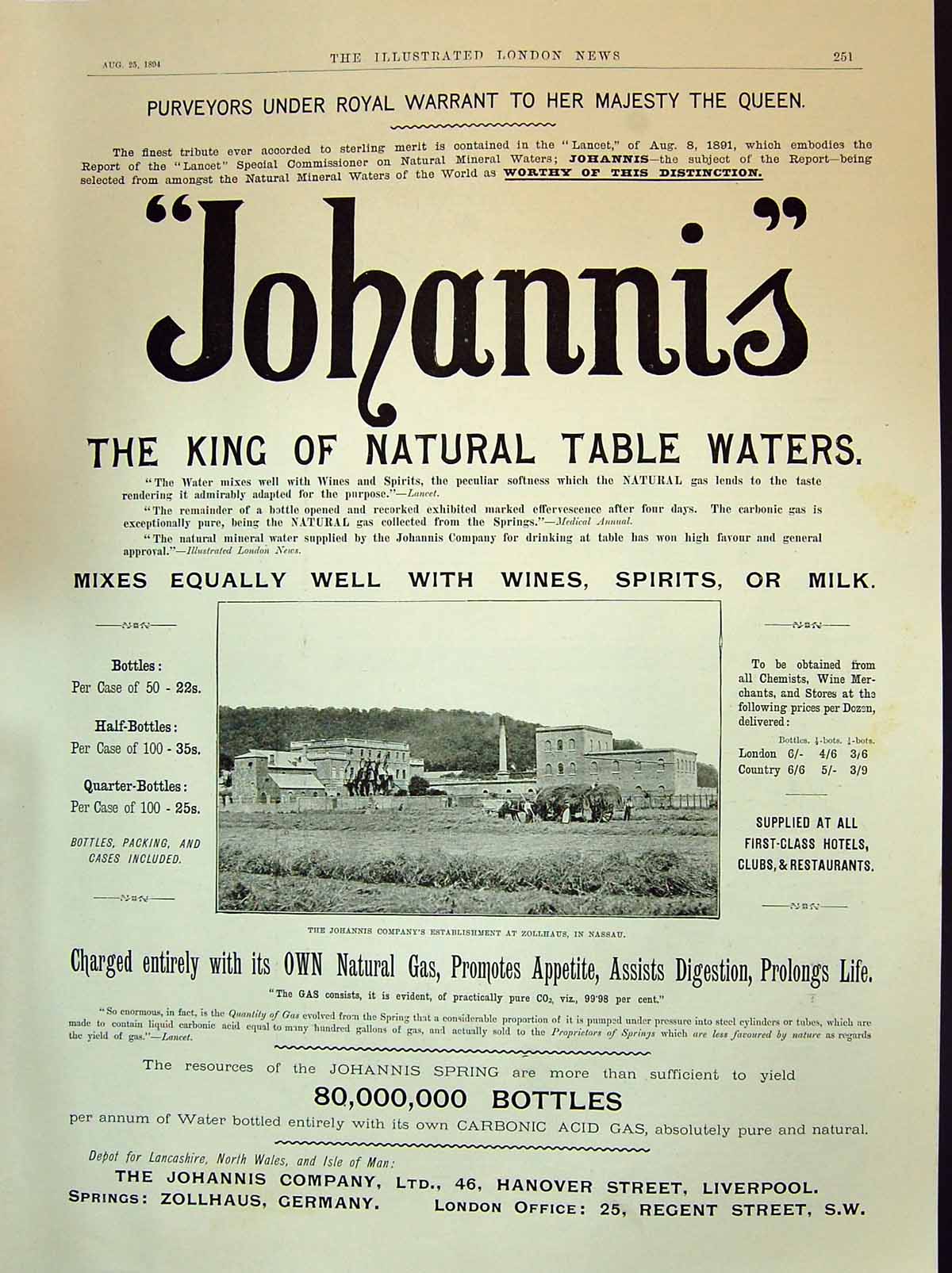 Antique Print 1894 Johannis Natural Table Water Liverpool Germany Zollhaus 19th