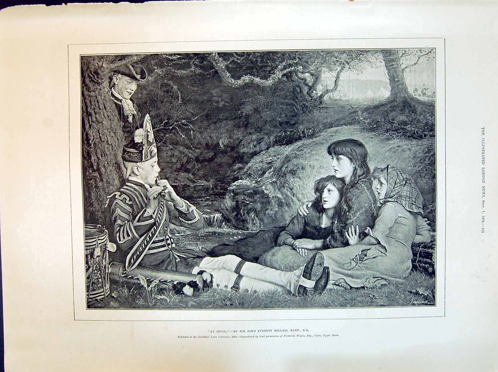 Old Print 1894 Idyll Young Sier Musical Instrument Children John Millais 19th