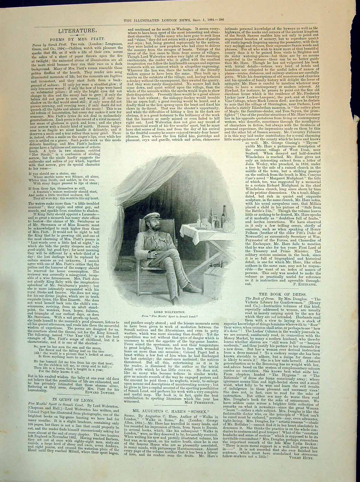 Original Old Antique Print 1894 Portrait Lord Wolverton War Uniform Victorian