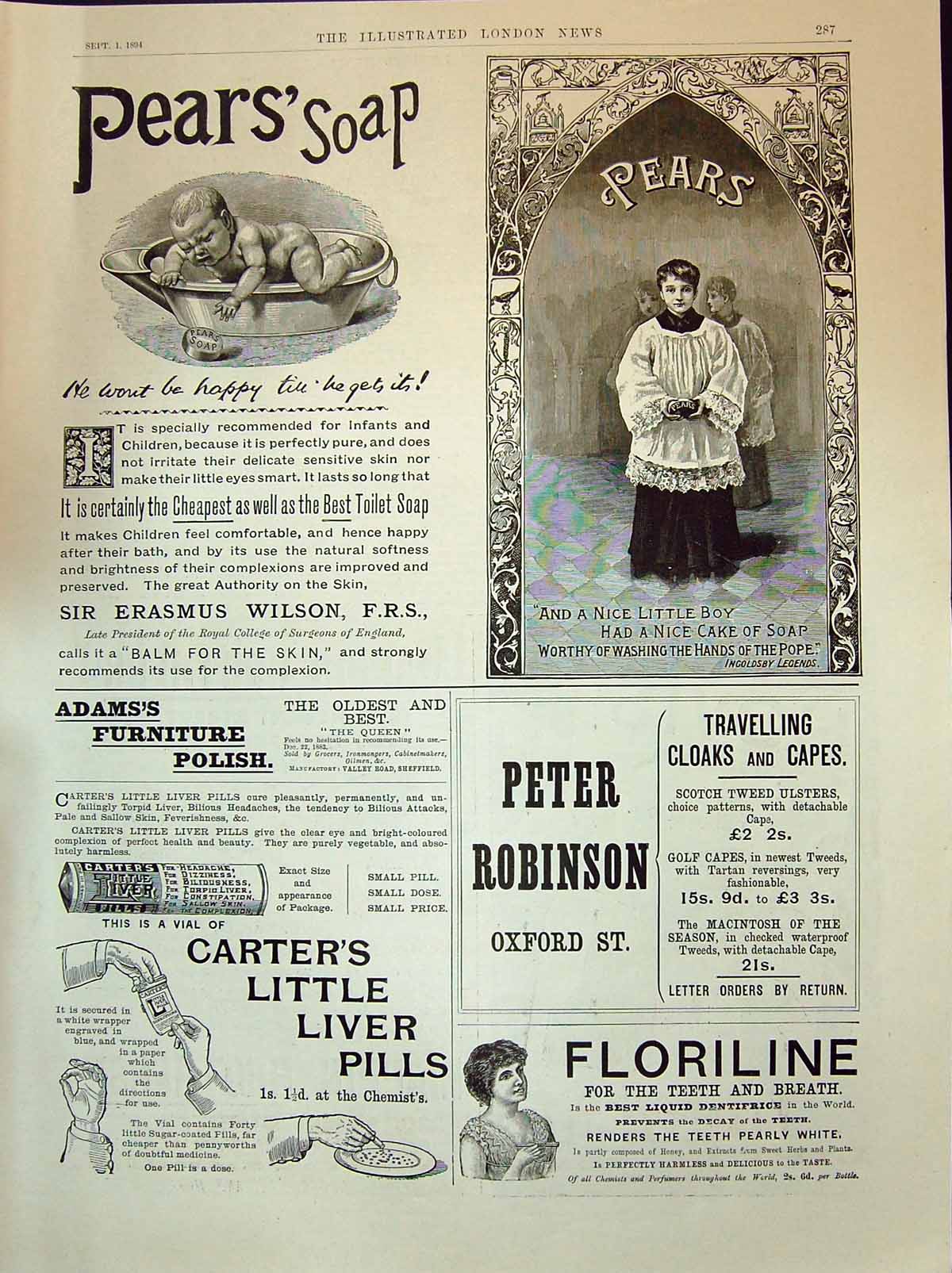 Antique Print 1894 Pears Soap Adams Furniture Polish Robinson Carters Pills