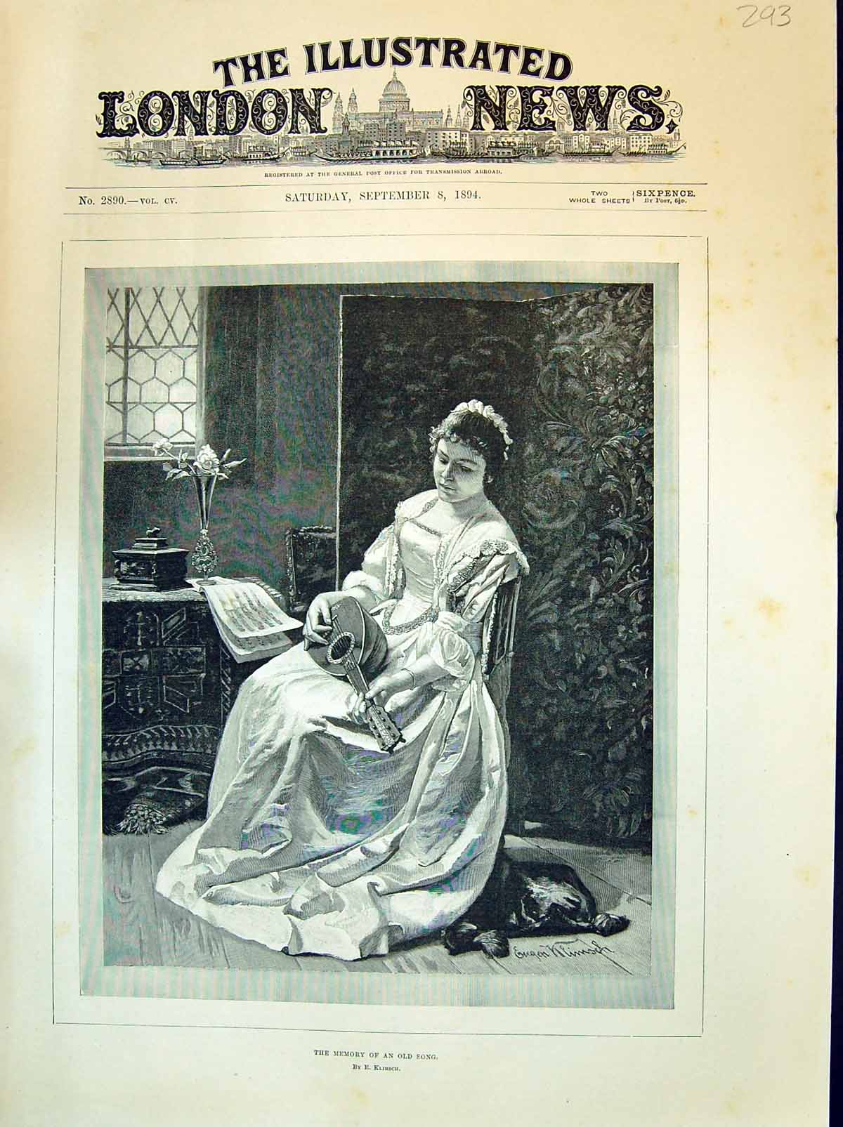 Old Antique Print 1894 Portrait Beautiful Woman Music Instrument Klimsch 19th