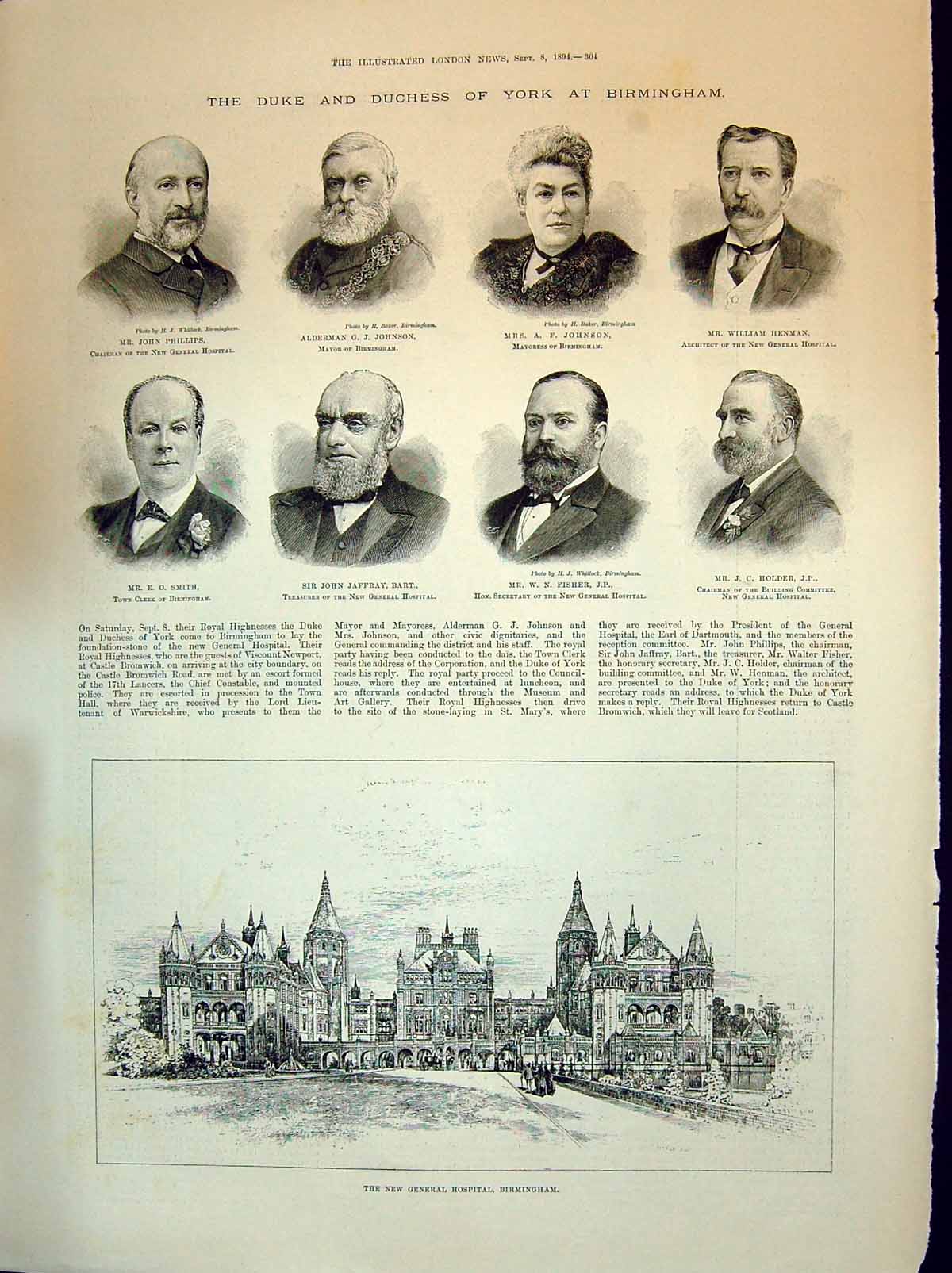 Old Print 1894 Hospital Birmingham Phillips Johnson Henman Her Jaffray S 19th