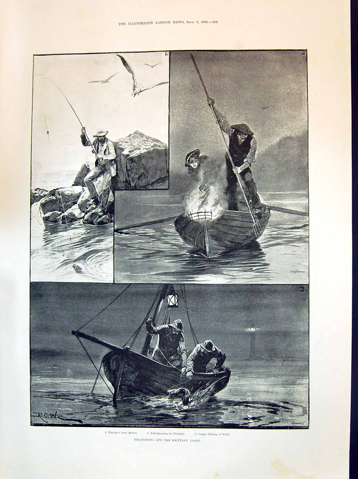 Old 1894 Sea Fishing Brittant Coast France Boat Grey Mullet Conger Fi Victorian