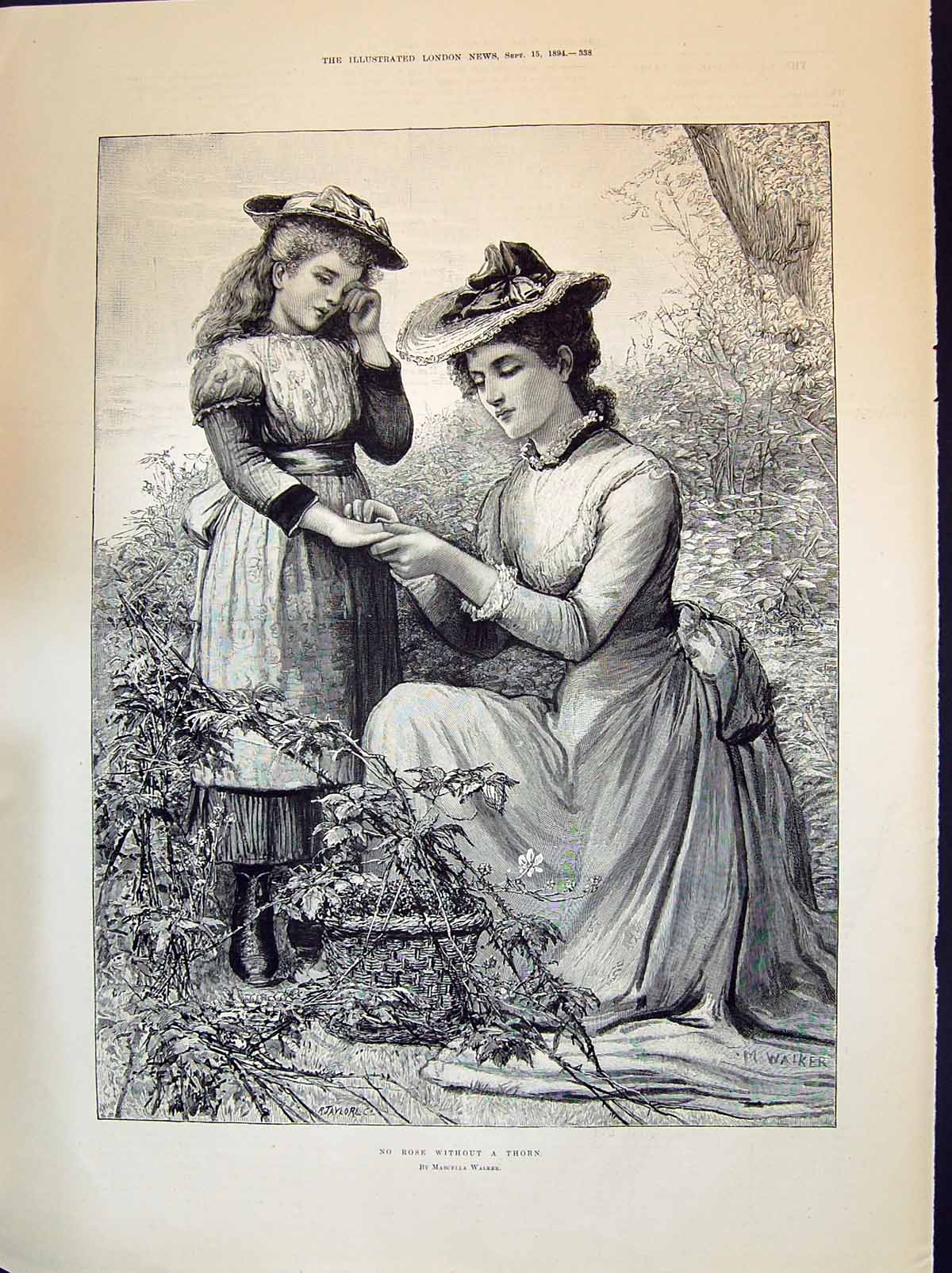 Old 1894 Rose Thorn Crying Child Mother Garden Scene Ambulance Challe Victorian