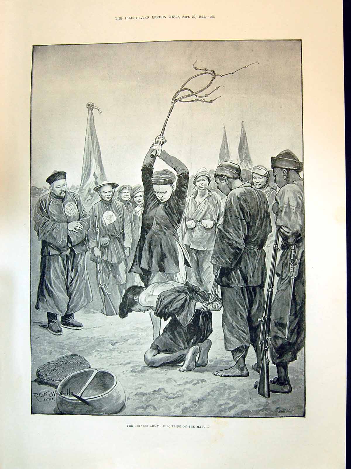 Antique Old Print 1894 Chinese Army Scene Discipline March Siers Punishment Wo