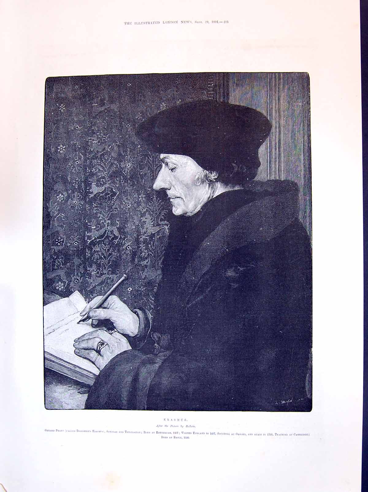 Antique Old Print 1894 Gerard Praet Erasmus Writing Letter Scholar Theologian