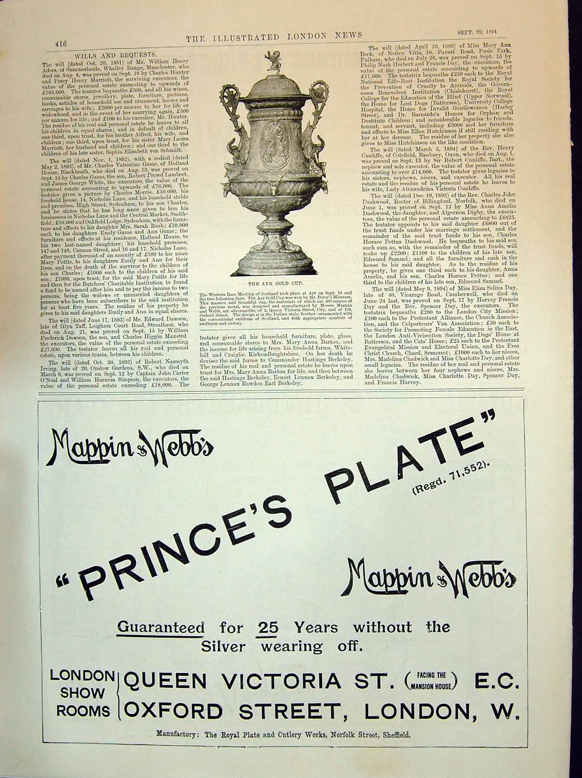 Old Antique Print 1894 Ayr GCup Sport Mappin Webb Prince'S Plate London 19th